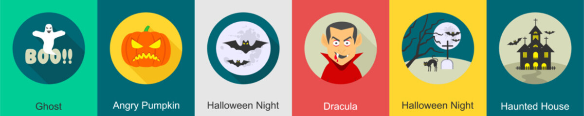 A set of 6 halloween icons as ghost, angry pumpkin, halloween night