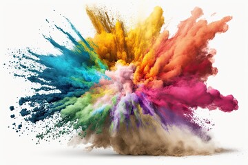 Fototapeta na wymiar Colorful Holi paint powder explosion isolated on white background. The vibrant rainbow hues create a stunning visual effect. Generative AI