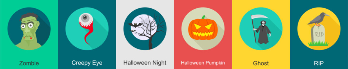 A set of 6 halloween icons as zombie, creepy eye, halloween night