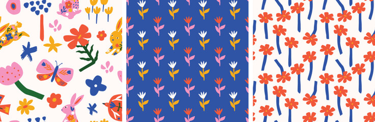Set of spring flowers seamless pattern. Colorful and bright hand drawn florals in simple shapes. Trendy fashionable print for textiles and wallpaper.