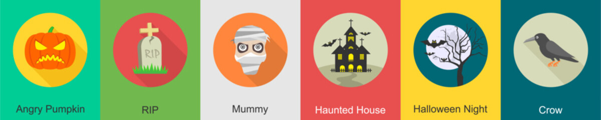 A set of 6 halloween icons as angry pumpkin, rip, mummy