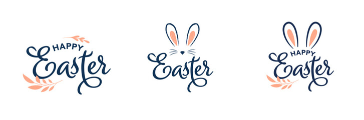 Happy Easter. Bunnies, eggs and flowers. Modern style design, pastel colors