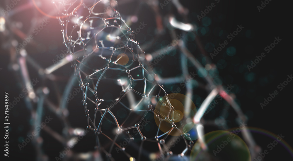 Poster Nano structure, crystal lattice, cyber network 3D illustration. Neural connections of woven data. Depth and low sharpness