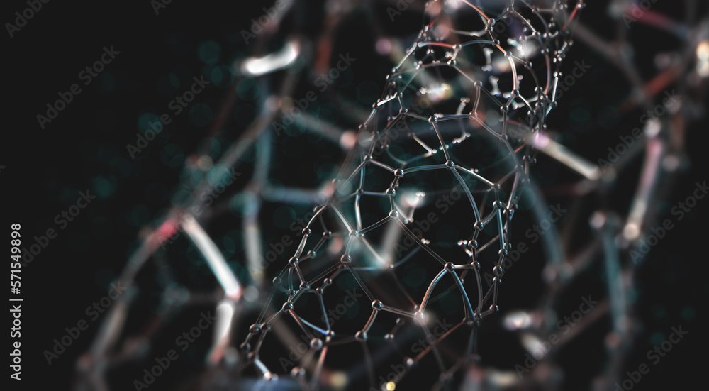 Poster Nano structure, crystal lattice, cyber network 3D illustration. Neural connections of woven data. Depth and low sharpness