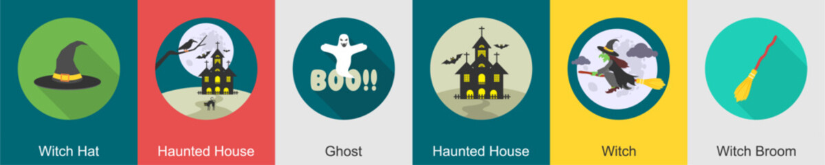 A set of 6 halloween icons as witch hat, haunted house, ghost