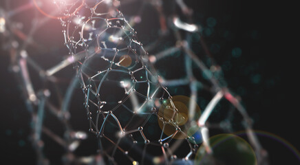 Nano structure, crystal lattice, cyber network 3D illustration. Neural connections of woven data. Depth and low sharpness