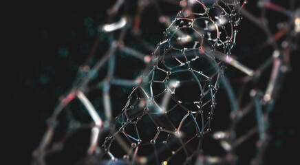 Nano structure, crystal lattice, cyber network 3D illustration. Neural connections of woven data. Depth and low sharpness