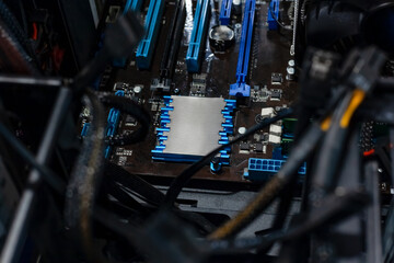 Motherboard and CPU inside the system unit. Top view computer parts