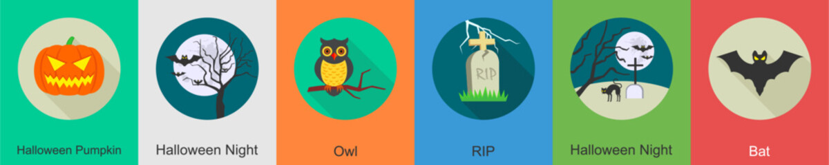 A set of 6 halloween icons as halloween pumpkin, halloween night