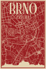 Red hand-drawn framed poster of the downtown BRNO, CZECH REPUBLIC with highlighted vintage city skyline and lettering