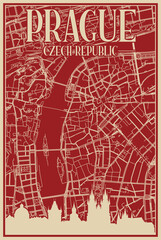 Red hand-drawn framed poster of the downtown PRAGUE, CZECH REPUBLIC with highlighted vintage city skyline and lettering