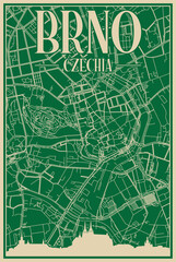 Green hand-drawn framed poster of the downtown BRNO, CZECH REPUBLIC with highlighted vintage city skyline and lettering