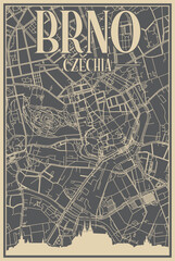 Grey hand-drawn framed poster of the downtown BRNO, CZECH REPUBLIC with highlighted vintage city skyline and lettering