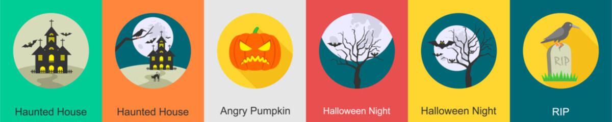 A set of 6 halloween icons as haunted house, haunted house, angry pumpkin