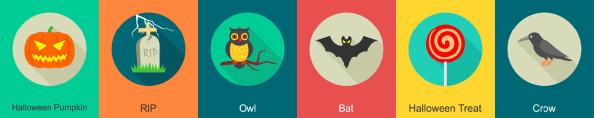 A set of 6 halloween icons as halloween pumpkin, rip, owl