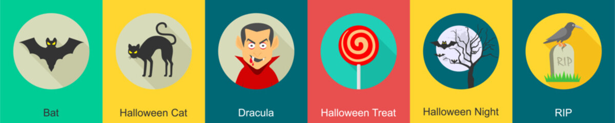 A set of 6 halloween icons as bat, halloween cat, dracula