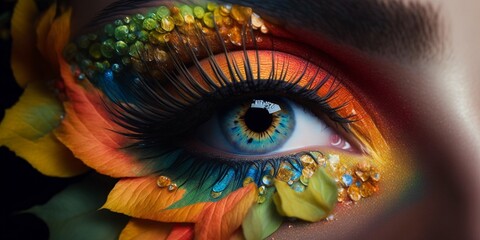 Edel geschminktes Auge in tollen Farben, Iris Fotografie Nahaufnahme, ai generativ