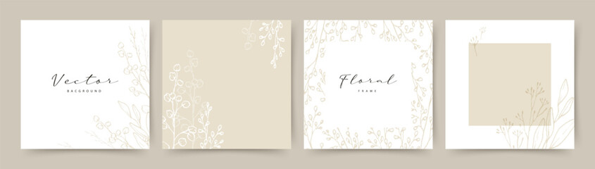 Neutral abstract background with hand drawn floral elements in beige color. Vector design templates for postcard, poster, business card, flyer, magazine, social media post, banner, wedding invitation - obrazy, fototapety, plakaty