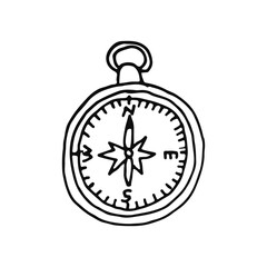 Compass. A device for determining the countries of the world and horizontal directions on the ground. Doodle. Vector illustration. Hand drawn. Outline.