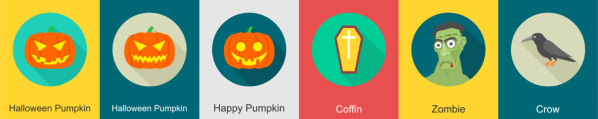 A set of 6 halloween icons as halloween pumpkin, happy pumpkin, coffin