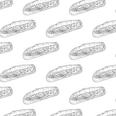 Shawarma Kebab pattern fast food. Seamless pattern. Concept of doner kebab, street food, barbecue, cuisine. Vintage design template, banner. Fresh vegetables. Vector hand drawn sketch illustration.