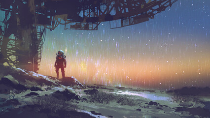 spaceman standing under a futuristic building looking at the night sky, digital art style, illustration painting