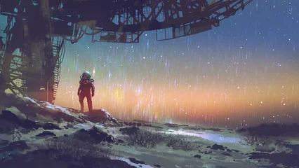 Foto auf Acrylglas spaceman standing under a futuristic building looking at the night sky, digital art style, illustration painting © grandfailure
