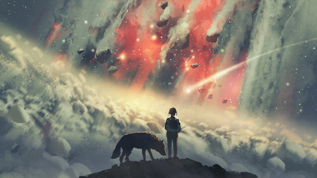 Fototapeta girl and her wolf on top of the mountain watching the sky explode into a dazzling red., digital art style, illustration painting