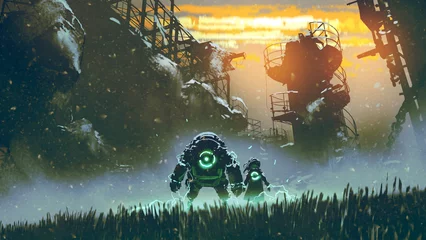 Tuinposter robot and little girl standing on the field looking at the ruins of an abandoned city, digital art style, illustration painting © grandfailure