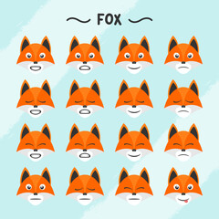 Collection of fox facial expressions in flat design style