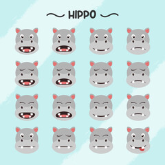 Collection of hippo facial expressions in flat design style