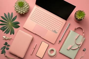 Top view of flat lay laptop feminine accessories on a bright blush background, home office scene generated by AI