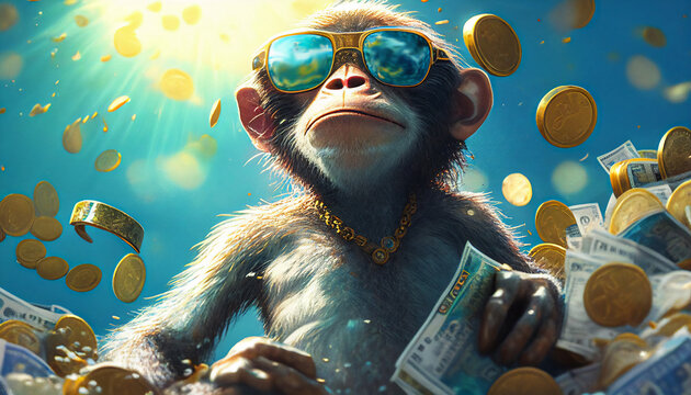 Cooler Affe mit Sonnenbrille genießt seinen Reichtum, Generative AI