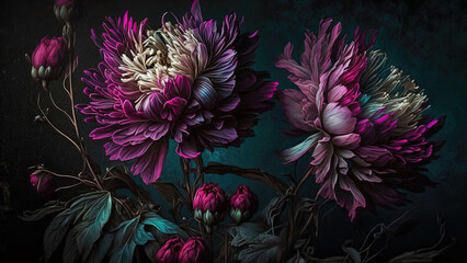 Generative AI, Close up of blooming flowerbeds of amazing viva magenta flowers on dark moody floral textured background. Photorealistic effect.	
 - obrazy, fototapety, plakaty