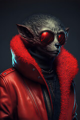 Alien wearing a fashionable stylish long leather red jacket created with generative AI technology