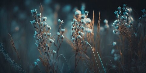 Naklejka na ściany i meble Wild flowering grass flowers in a rural meadow in close up soft focus on a natural background. Beautiful summer scenery with a turquoise tone and copy space. Generative AI
