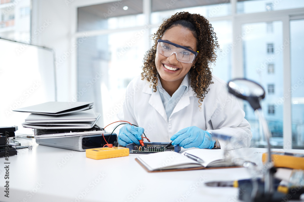 Poster Programming, hardware repair and portrait of black woman electrician on electronic cpu, circuit and microchip. It maintenance, computer system and engineer smile fix coding, motherboard and processor