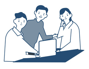 笑顔で会議をするビジネスマンのチーム。話し合いをするwebデザイナー。ベクターイラスト