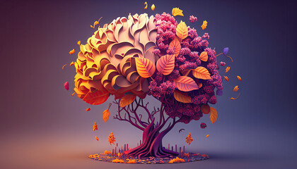 Tree with big leaves, Human brain, self-care and mental health concept, positive thinking, creative mind, generative AI