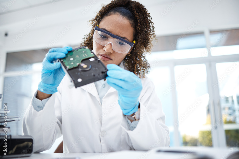 Poster Hardware inspection, computer and black woman electrician with electronic cpu, circuit and microchip. Technology maintenance, programming and female technician fix coding, motherboard and processor