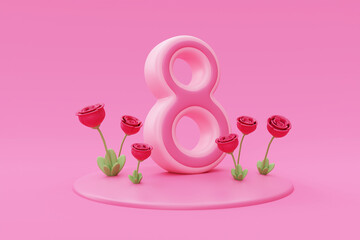 International Women's Day. 8 march. Number 8 with flowers on pink background. Mother's Day. 3d rendering.