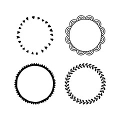 Set of vintage hand drawn vector circle shapes design elements, signs and symbols templates for your logotype, emblems. Collection of simple doodles frames, isolated on white background