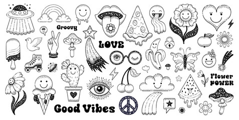 Hippy stickers. Groovy icons with peace sign, flower, mushroom, smile. Retro boho 70s clipart. Doodle emoji graphic. Hippie element. Logo, tattoo, music cute psychedelic vector art. Hippy groovy funky