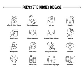 Polycystic Kidney Disease symptoms, diagnostic and treatment vector icon set. Line editable medical icons.