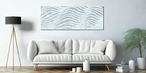 Abstract acrylic wave wall painting in white. Background with a horizontal grunge texture on canvas. Generative AI