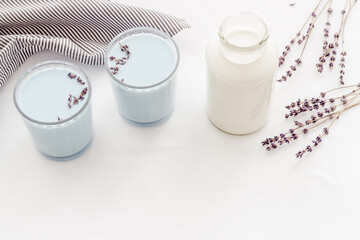 Blue matcha lavender latte tea or coffee. Cold healthy drink