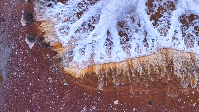 Aerial view from a drone of the Rio Tinto in the surroundings of the town of Berrocal. Sierra Morena, Gulf of C&aacute;diz, Huelva, Andalusia, Spain, Europe