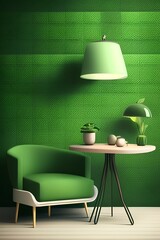 Armchair, lamp and table with home decor on green wall background - generative ai