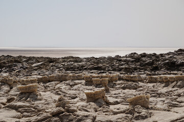 Surreal pale grey mineral geological formation at Danakil Depression in Ethiopia, Africa; looking...