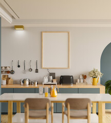 Mock up poster frame in kitchen interior with white wall background.
